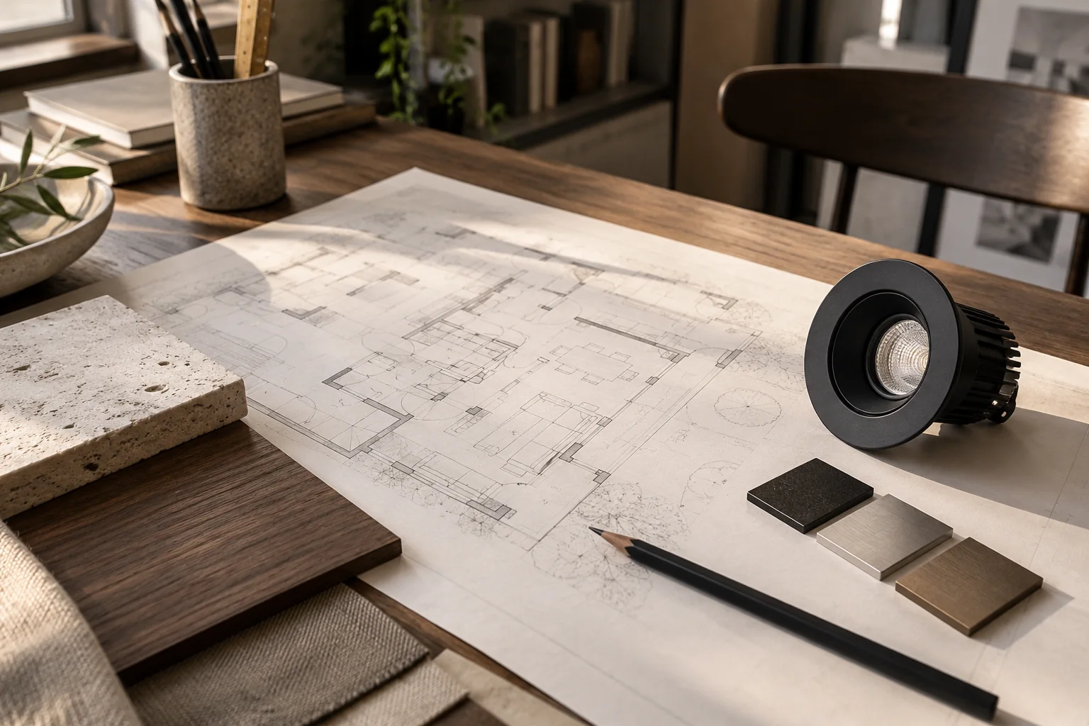 Finish samples, a downlight module and drawings on an architect's desk