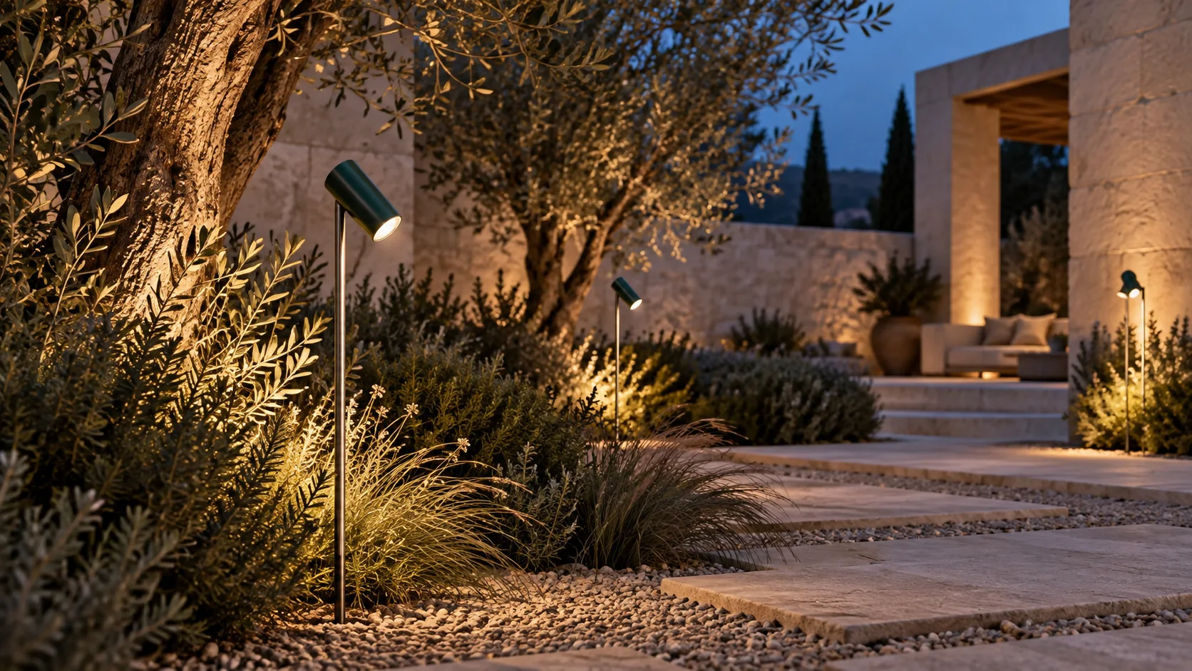Slim garden poles that light the planting, not themselves: Bloom, Heron, Acorn and Lily