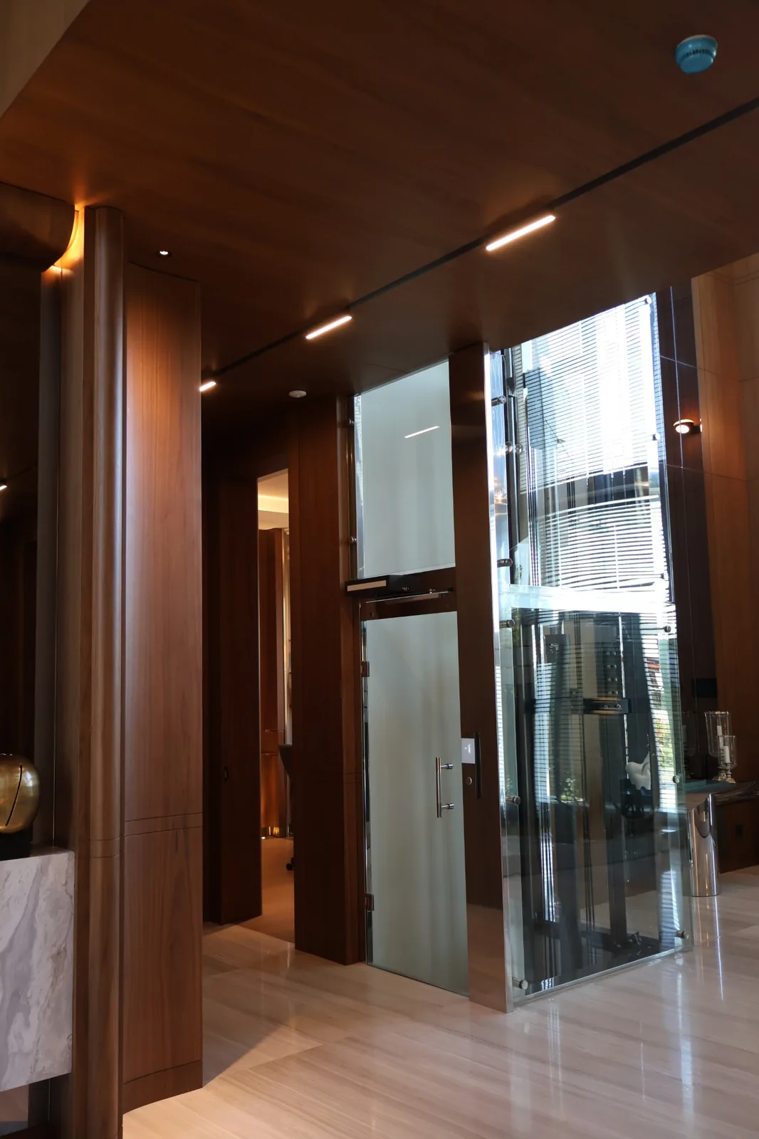 Arca Konakları — The entrance hall — linear recessed lines and discreet downlights layered into the walnut ceiling.