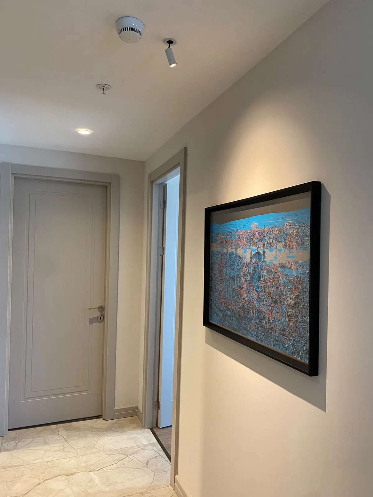 Tona Residence — An entrance hall: a recessed downlight and an adjustable surface spot graze the wall and its artwork.