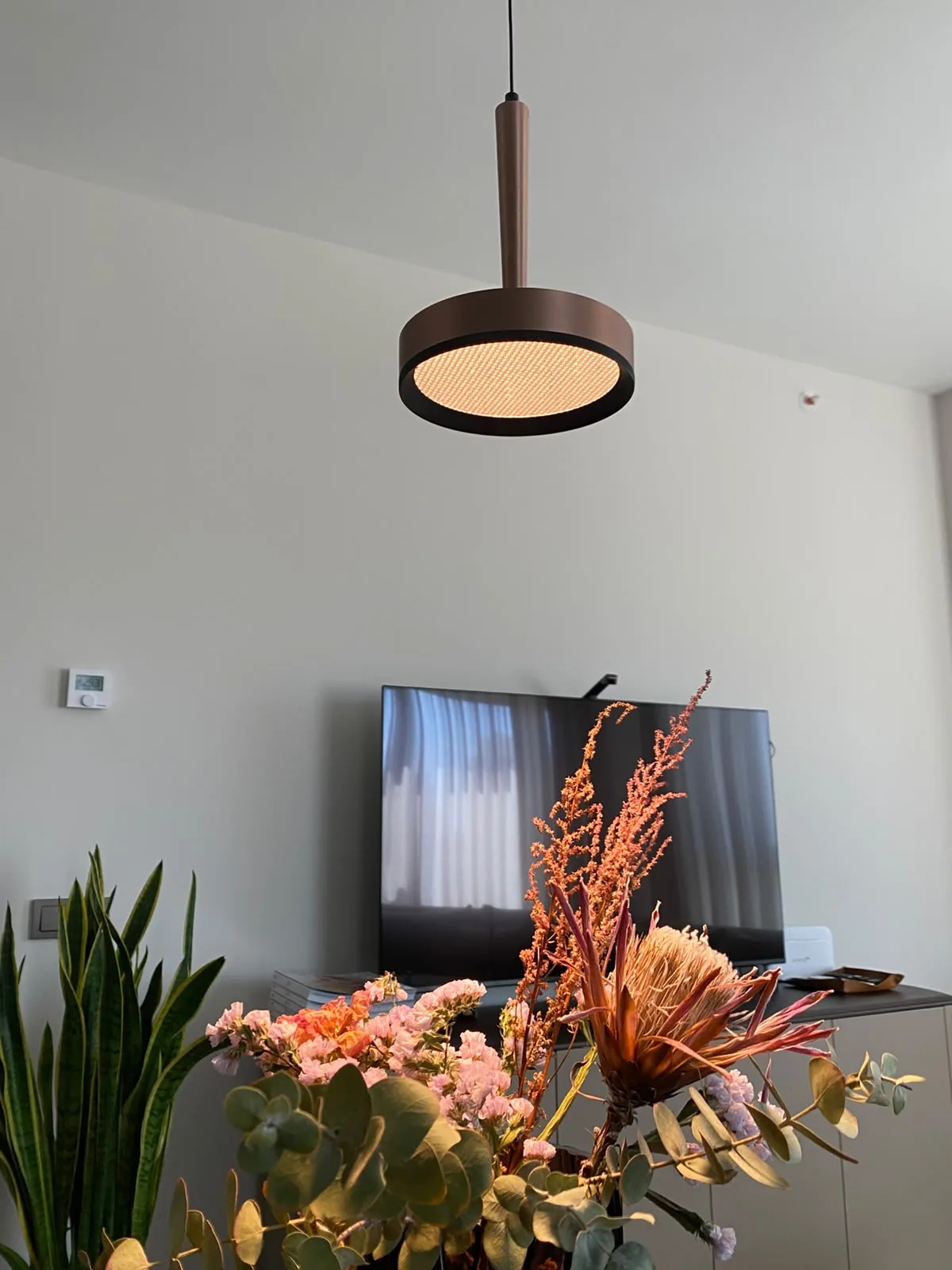 Tona Residence — Inside a residence: a bronze cord pendant with a woven diffuser warms the living area.